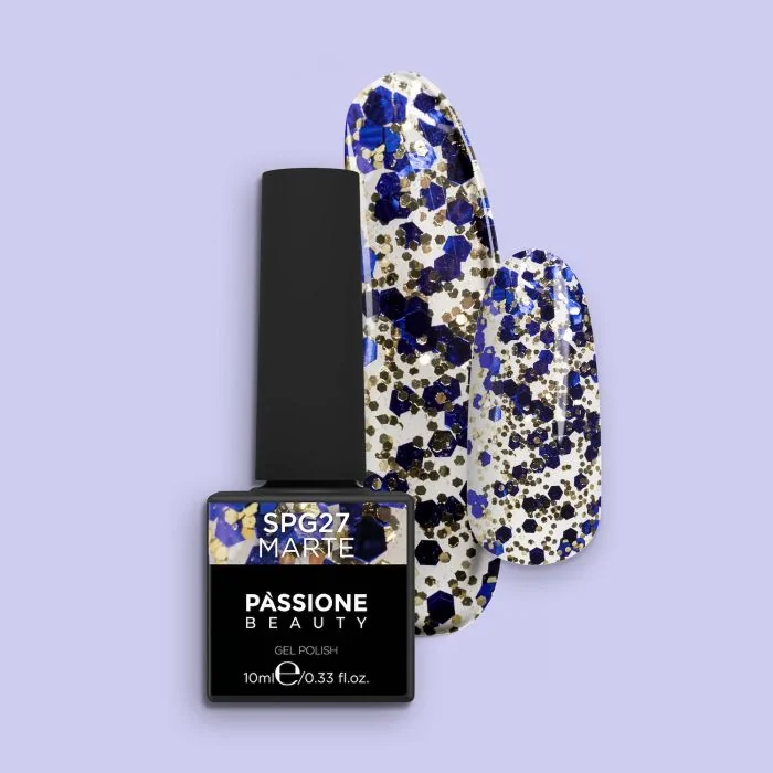 Gel Nail Polish GPG27 Marte  - GPG27 Marte gel polish, transparent with gold micro glitter and blue sequins