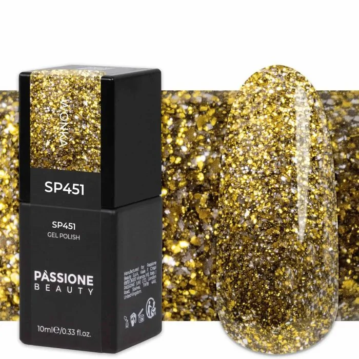 Gel Nail Polish GP451 Wonka - Gold-bronze gel polish with black, gold and silver flakes 