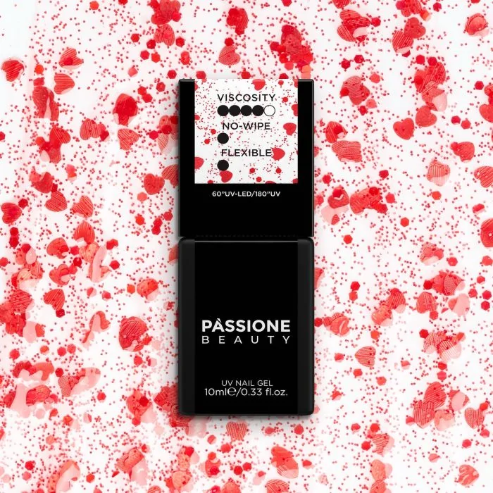 Hearts 01 Gloss 10 ml - Top coat sans dispersion avec cœurs et paillettes rouges - détail 1