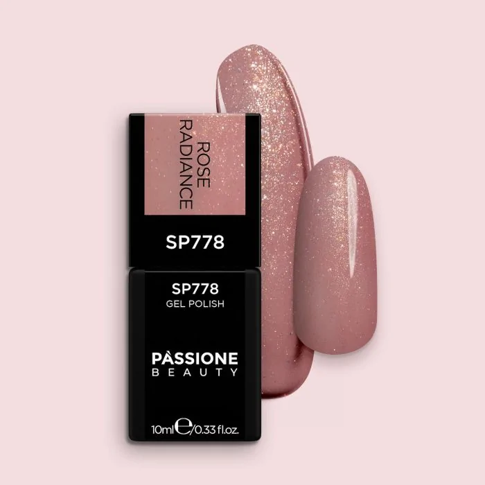 Esmalte semipermanente SP778 Rose Radiance - Esmalte semipermanente rosa oscuro lechoso con micropurpurina dorada y multicolor extrafina