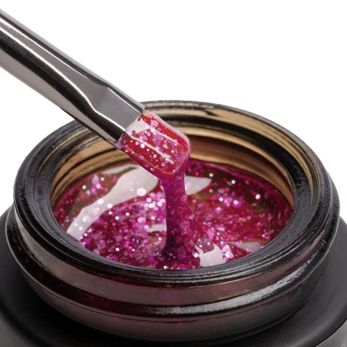 Glass Glitter Red 15 ml - Builder Gel selbstnivellierend Magenta-Glaseffekt mit goldenen Glitzer- und Paillettenteilchen - Detail 2