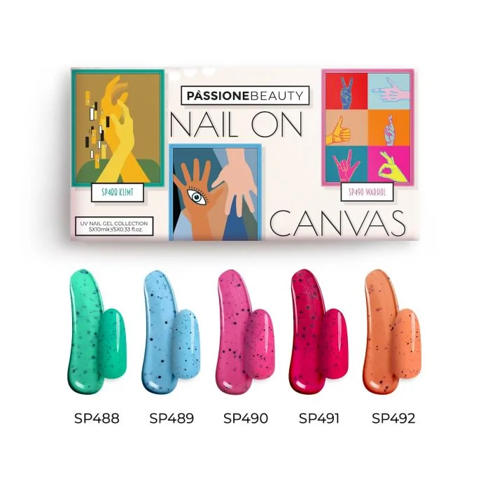 Nail on canvas Kit - Collection of neon gel polishes with black micro particles