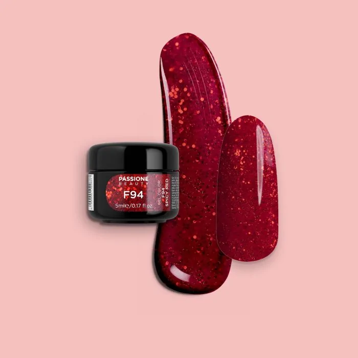 Gel Color F94 Spicy Red - Gel color rojo con micro purpurina autosellador