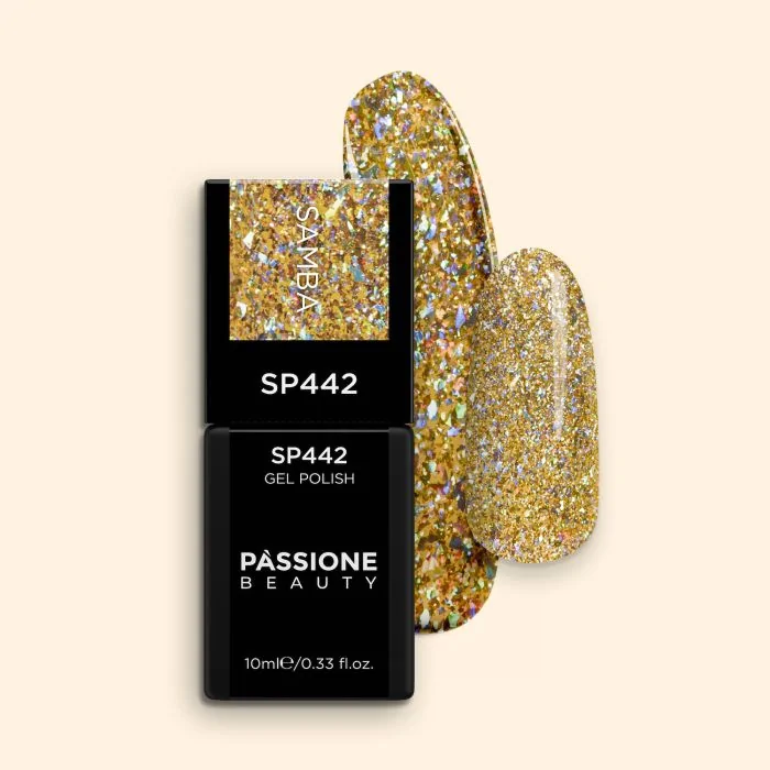 Gel Nail Polish GP442 Samba - Gold Gel Polish with holographic flakes and reflective effect 