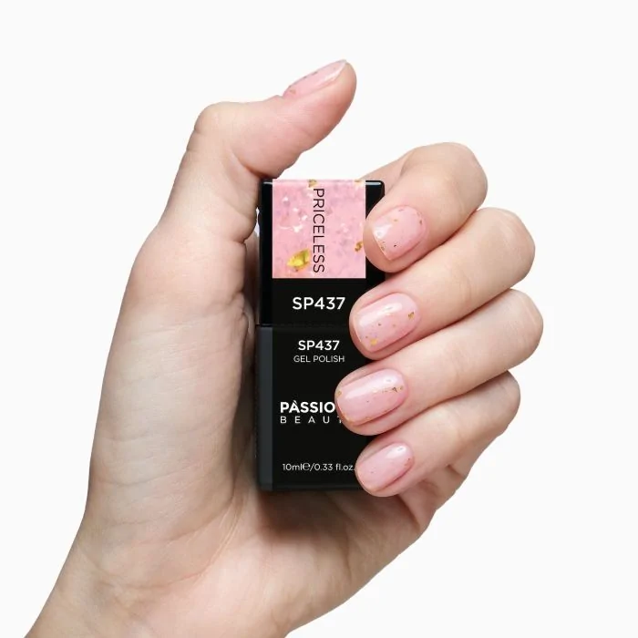 Gel Nail Polish SP437 Priceless - Clear Light Pink Gel Polish with Gold Flakes and Pink Micro-flakes - detail 2