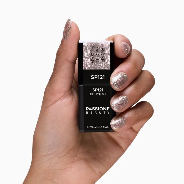 UV-Nagellack SP121 Rose Gold Flash - UV-Nagellack Rosa mit Glitzer und Rose-Gold-Flakes - Detail 1