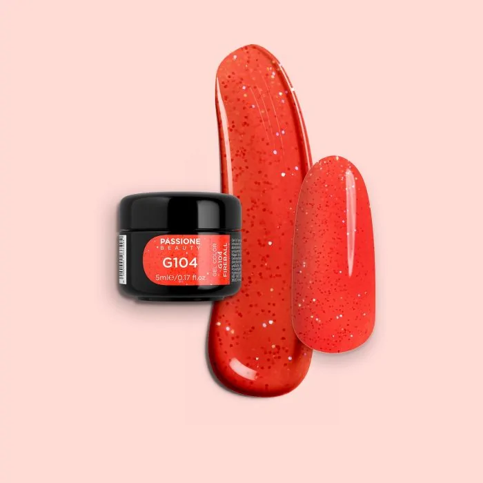 Gel Colour G104 Fireball - Neon Coral Red Glitter Gel 