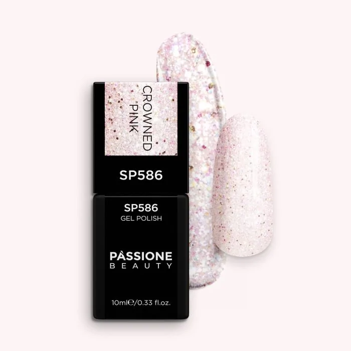 UV-Nagellack SP586 Crowned Pink - UV-Nagellack Rosa Transparent mit silbernen und holografischen Micro-Glitzern