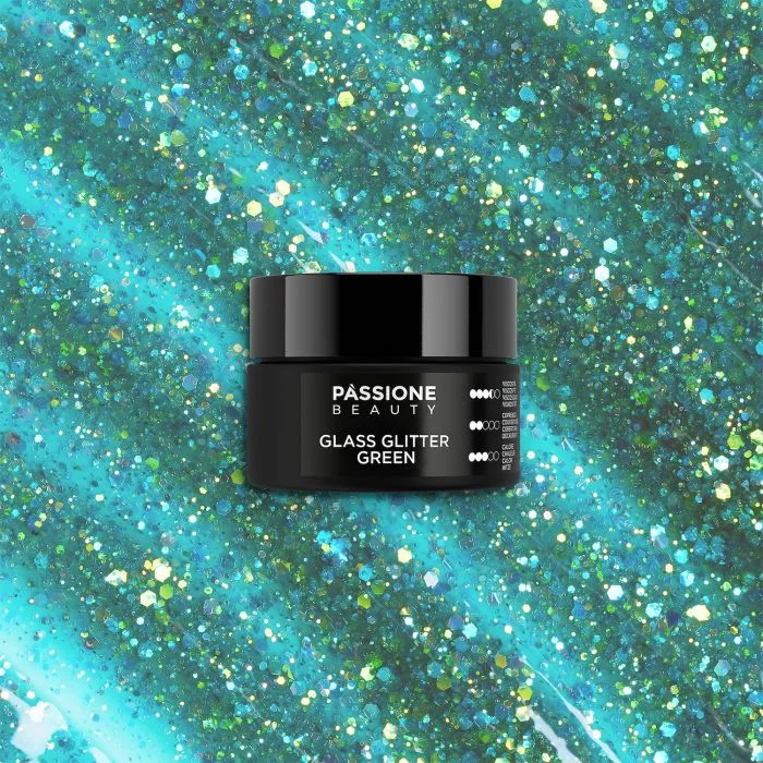 Glass Glitter Green 15 ml - Gel constructor autonivelante verde efecto cristal con purpurina y lentejuelas doradas - detalle 1