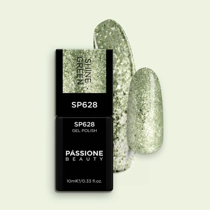 Gel Nail Polish SP628 Shine Green - Light Green Gel Polish with Platinum Glitter and Silver Flakes