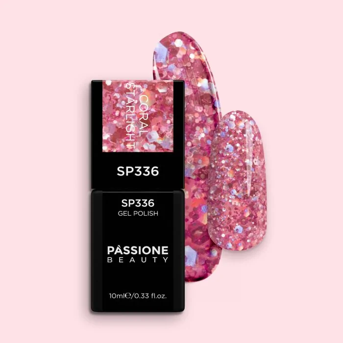 Vernis semi-permanent SP336 Coral Starlight - Vernis semi-permanent rose corail avec paillettes corail holographiques