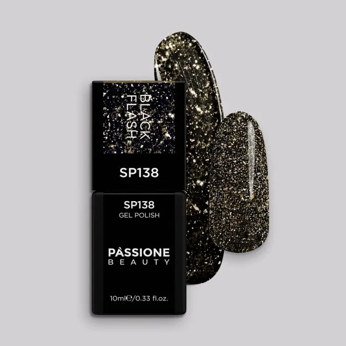 Vernis semi-permanent SP138 Black Flash - Vernis semi-permanent noir avec micro-paillettes platine et flakes argent
