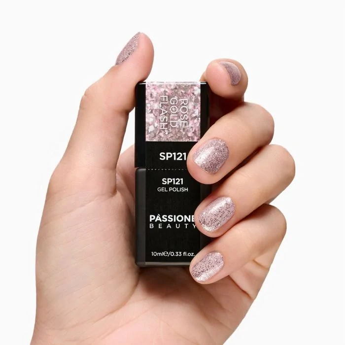 UV-Nagellack SP121 Rose Gold Flash - UV-Nagellack Rosa mit Glitzer und Rose-Gold-Flakes - Detail 3
