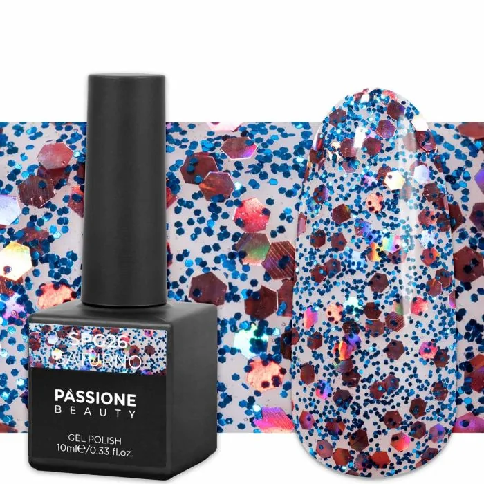 Gel Nail Polish GPG26 Saturno  - GPG26 Saturno gel polish, transparent with blue micro glitters and rose flakes