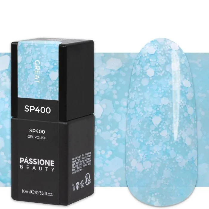 Gel Nail Polish GP400 Great  - Light Blue Gel Polish with white sequins