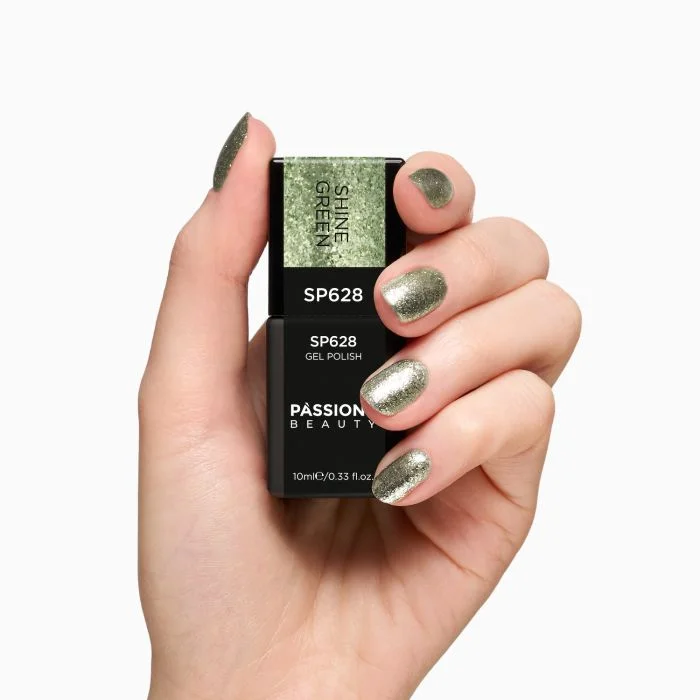 Gel Nail Polish SP628 Shine Green - Light Green Gel Polish with Platinum Glitter and Silver Flakes - detail 1