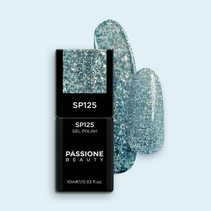 Gel Nail Polish GP125 Turquoise Flash  - Turquoise-aquamarine Polish with glitter