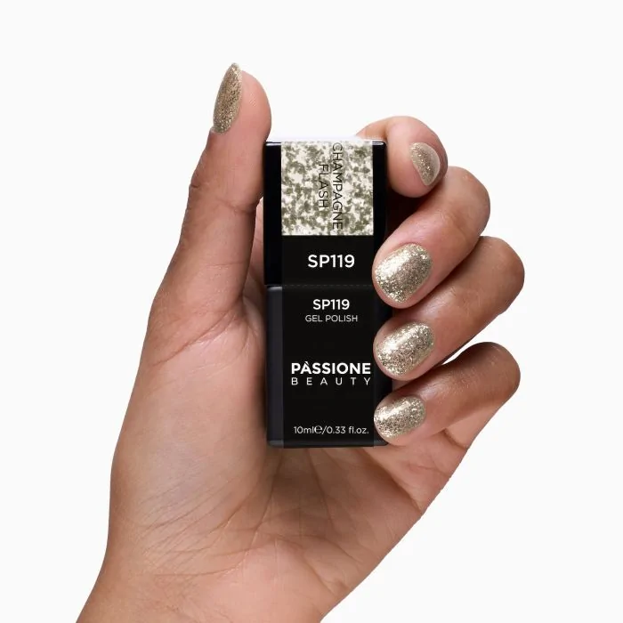 UV-Nagellack SP119 Champagne Flash - UV-Nagellack Champagner mit Glitzer und Silber-Flakes - Detail 3