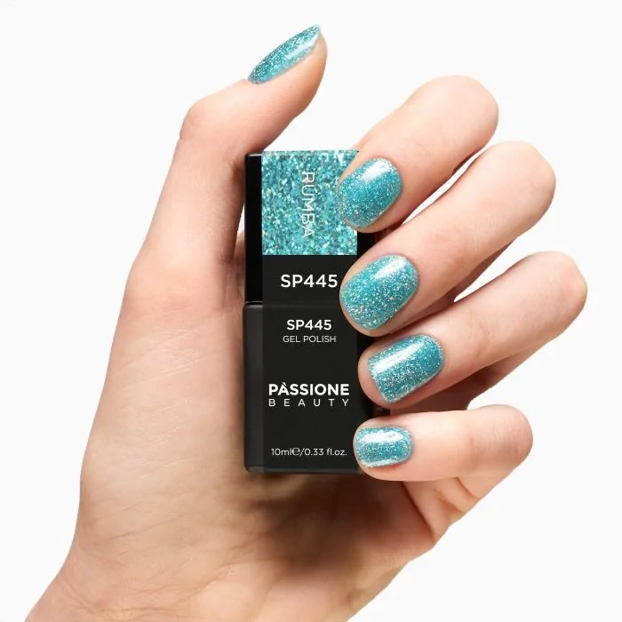 UV-Nagellack SP445 Rumba - UV-Nagellack Petrolgrün mit holografischen Glitzern und Flakes - Detail 3