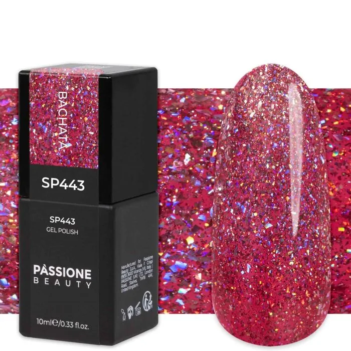 Gel Nail Polish GP443 Bachata - Strawberry Red Gel Polish with holographic flakes and reflective effect 