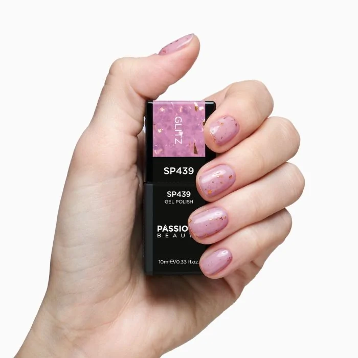 Esmalte semipermanente SP439 Glitz - Esmalte semipermanente violeta claro transparente con copos dorados y micro-copos rosas - detalle 2