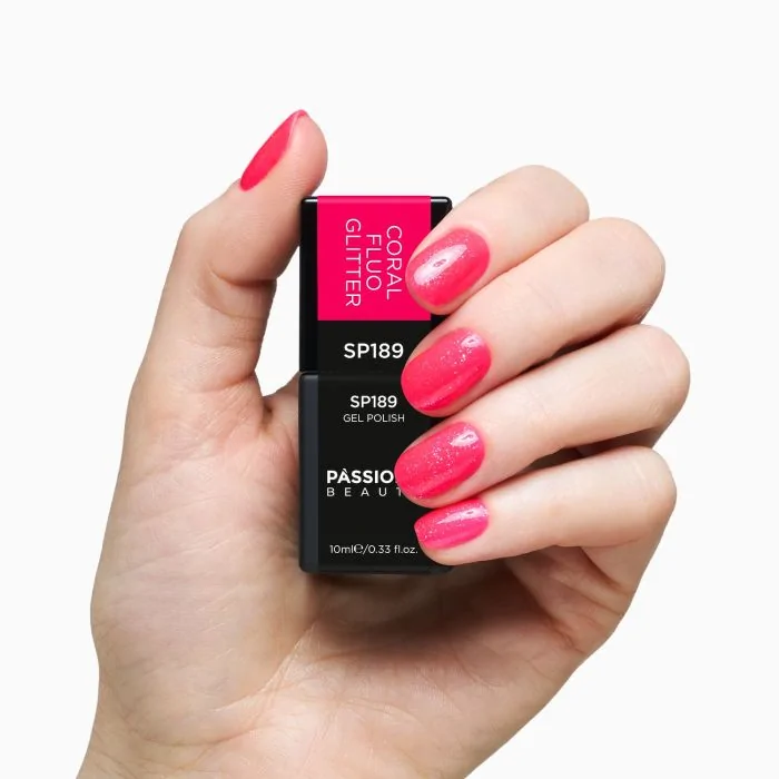 Gel Nail Polish SP189 Coral Fluo Glitter - Fluo Coral Orange Gel Polish with Multicolour Glitter - detail 2