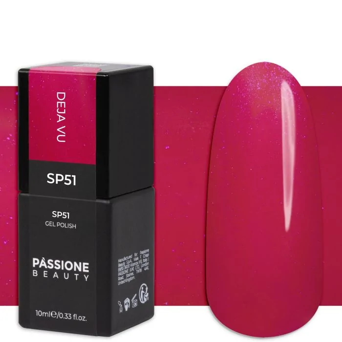 Gel Nail Polish GP51 Deja Vu - Strawberry Red Gel Polish with fuchsia micro glitter