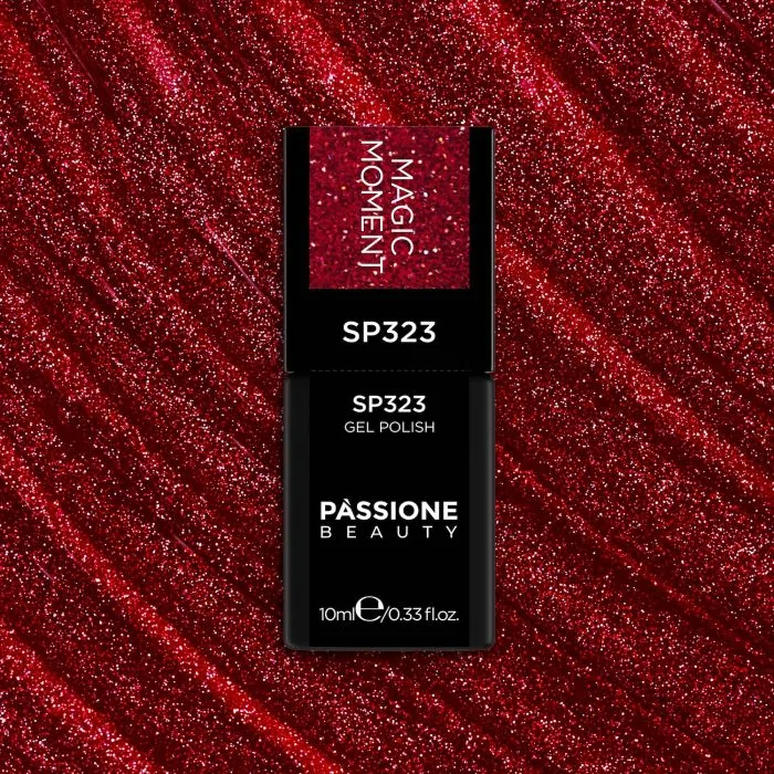 Esmalte semipermanente SP323 Magic Moment - Esmalte semipermanente rojo oscuro con micropurpurina holográfica - detalle 2