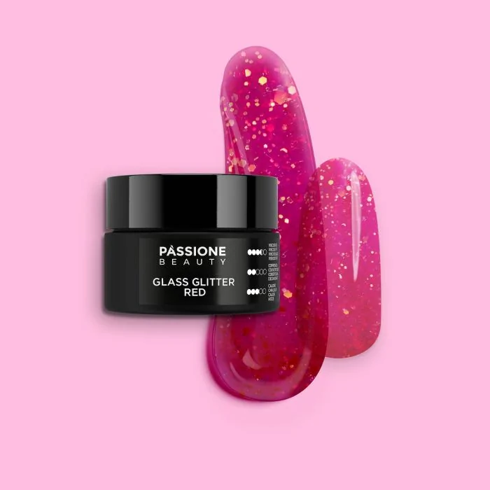 Glass Glitter Red 15 ml - Builder gel autonivelante magenta efecto cristal con purpurina y lentejuelas doradas