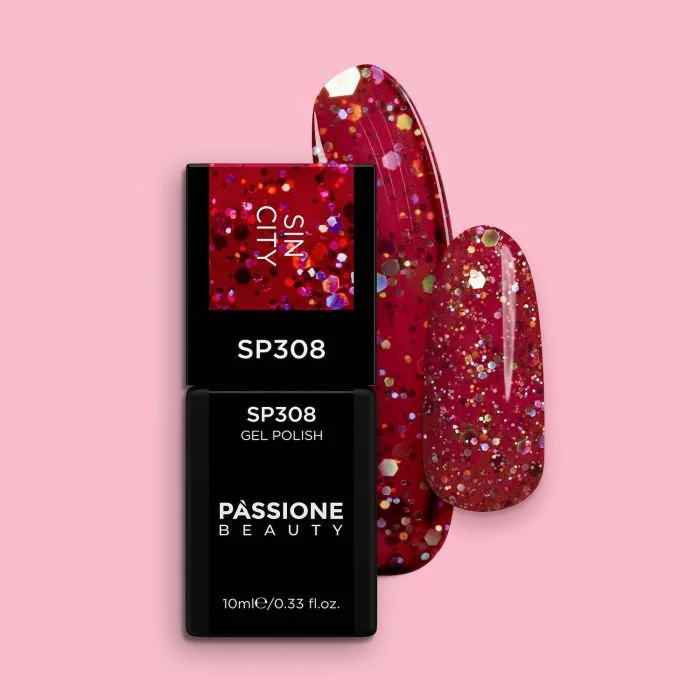 Gel Nail Polish SP308 Sin City - Red Gel Polish with Glitter and Holographic Sequins&nbsp;