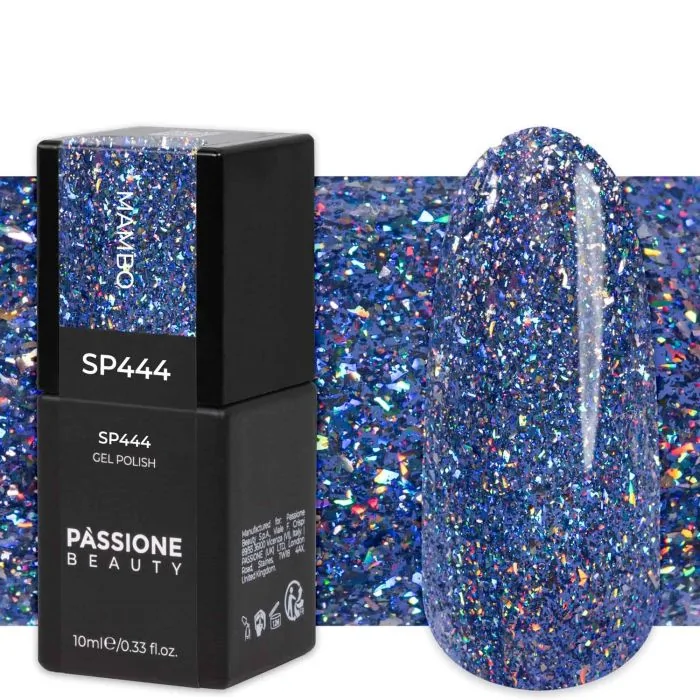 Gel Nail Polish GP444 Mambo - Blue Gel Polish with holographic flakes and reflective effect