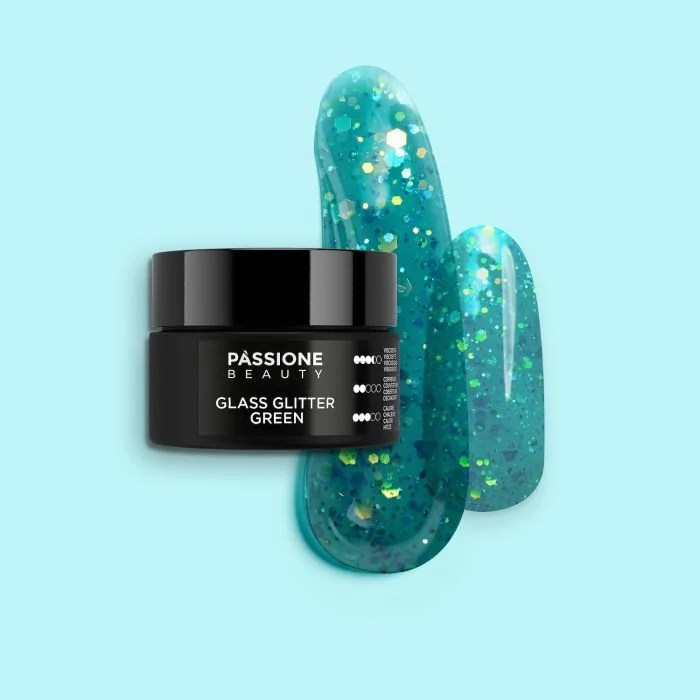 Glass Glitter Green 15 ml - Builder gel autonivelante verde efecto cristal con purpurina y lentejuelas doradas