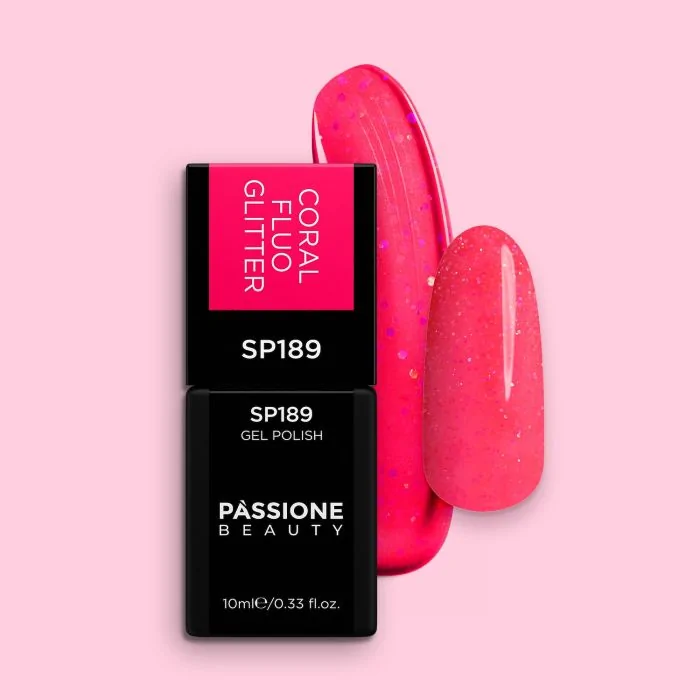 Vernis semi-permanent SP189 Coral Fluo Glitter - Vernis semi-permanent corail fluo avec paillettes multicolores