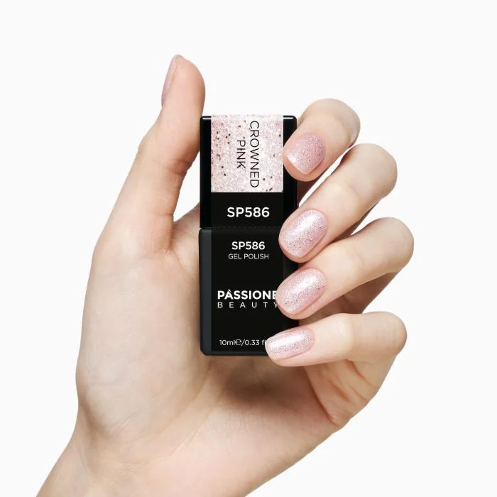 Esmalte semipermanente SP586 Crowned Pink - Esmalte semipermanente rosa transparente con micropurpurina plateada y holográfica - detalle 3