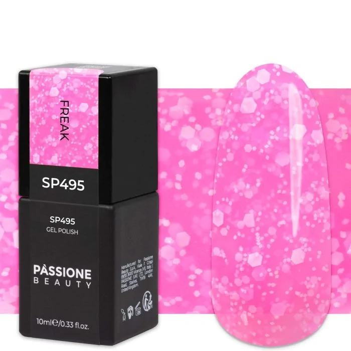 Gel Nail Polish SP495 Freak - Neon Fuchsia Gel Polish withwhite sequins