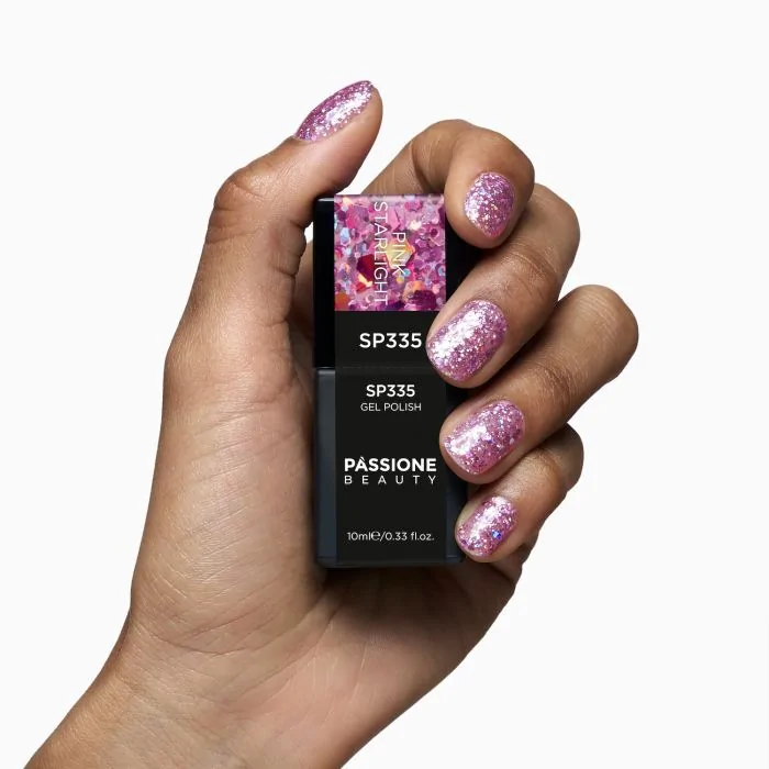 UV-Nagellack SP335 Pink Starlight - UV-Nagellack Transparent mit Fuchsia und holografischen Glitzern und Pailletten - Detail 3
