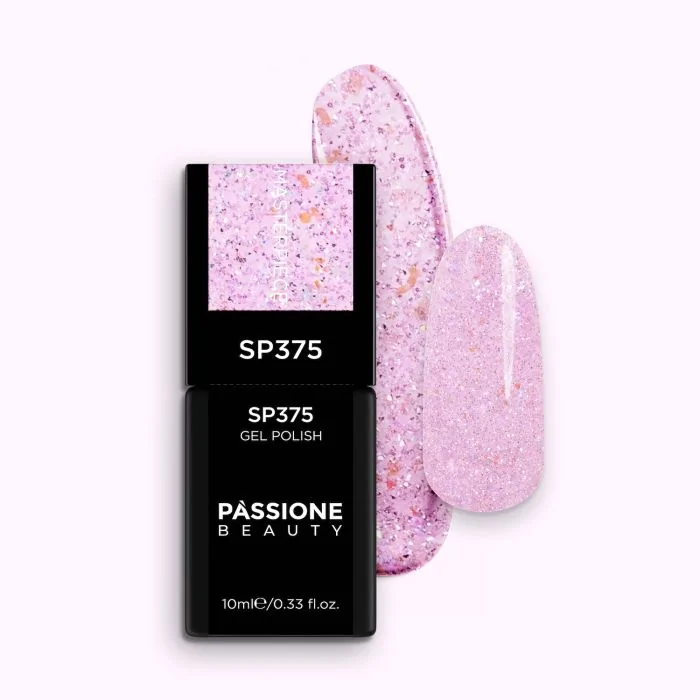 Vernis semi-permanent SP375 Masterpiece - Vernis semi-permanent rose transparent avec micro-paillettes et flakes roses, lilas et or