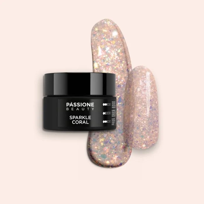 Sparkle Coral 15 ml - Gel de construction auto-égalisant corail avec glitter orange et or irisés