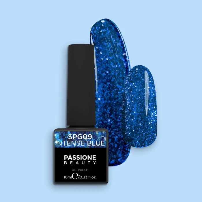 Esmalte Semipermanente EPG09 Intense Blue - Esmalte semipermanente EPG09 Intense Blue, transparente con microbrillos azul claro y azul oscuro