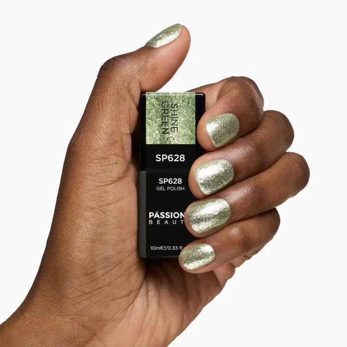 Gel Nail Polish SP628 Shine Green - Light Green Gel Polish with Platinum Glitter and Silver Flakes - detail 2