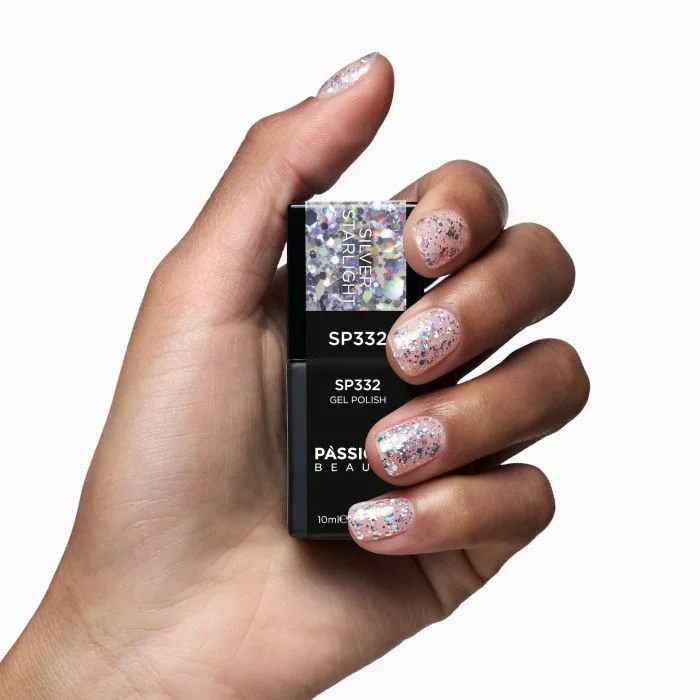 Gel Nail Polish SP332 Silver Starlight - Clear Gel Polish with Glitter and Holographic Silver Sequins - detail 2