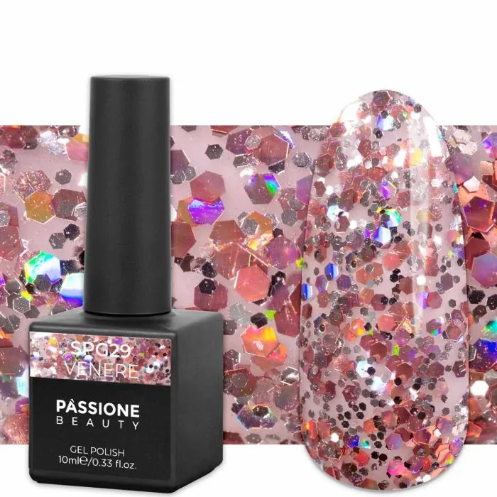 Gel Nail Polish GPG29 Venere  - GPG29 Venere gel polish, transparent with silver micro glitter and pink sequins