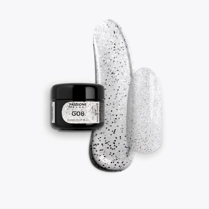 Gel Glitter G08 White Gold - Gel couleur pailleté or blanc