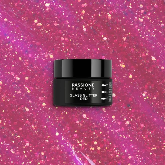 Glass Glitter Red 15 ml - Builder gel autonivelante magenta efecto cristal con purpurina y lentejuelas doradas - detalle 3
