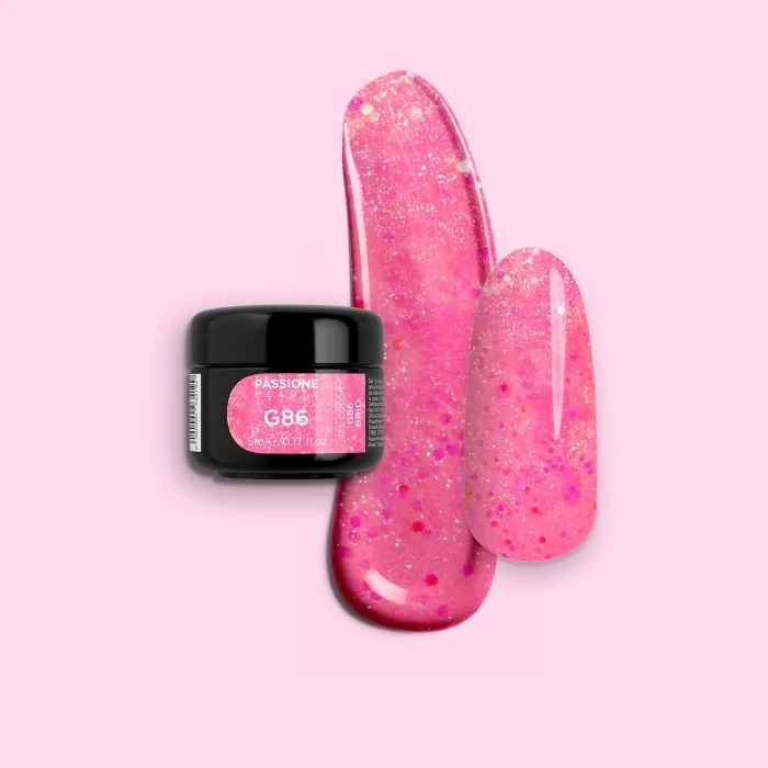 Gel Glitter G86 Brio - Gel color fucsia fluorescente con purpurina rosa-naranja