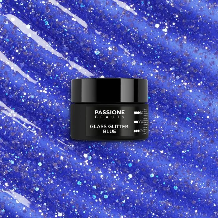 Glass Glitter Blue 15 ml - Builder gel autonivelante blu efecto cristal con purpurina y lentejuelas plateadas - detalle 3