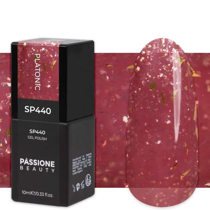 Gel Nail Polish GP440 Platonic - Semi-transparent red gel polish with gold-pearl flakes