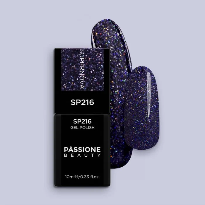 Gel Nail Polish SP216 Supernova - Dusty Blue Gel Polish with Silver and Holographic Micro-glitter