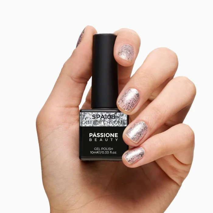 UV Nagellack SNA108 Glitter Chrome - UV Nagellack in Silber mit Chrome Flakes - Detail 1