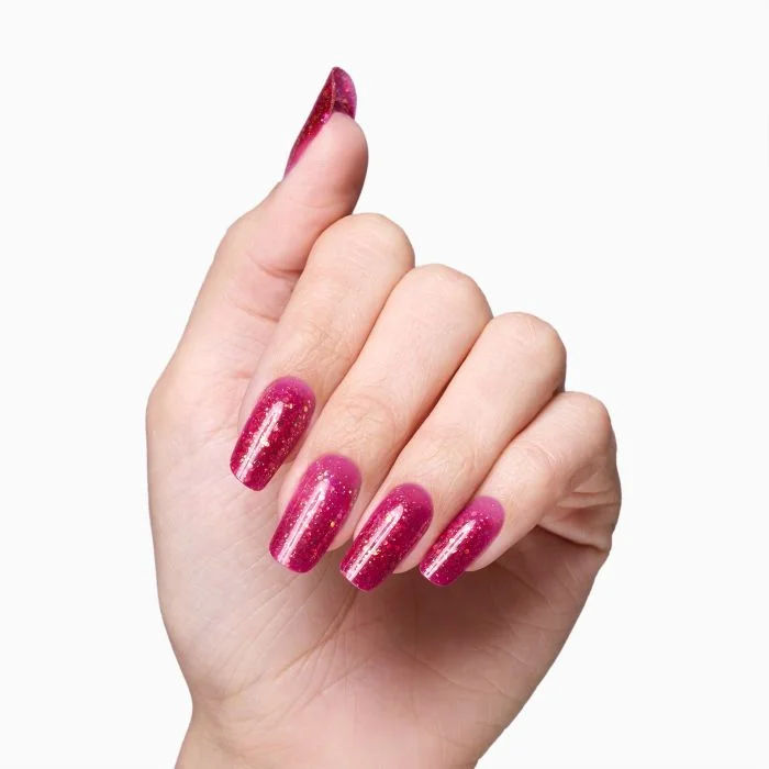 Glass Glitter Red 15 ml - Builder Gel selbstnivellierend Magenta-Glaseffekt mit goldenen Glitzer- und Paillettenteilchen - Detail 4
